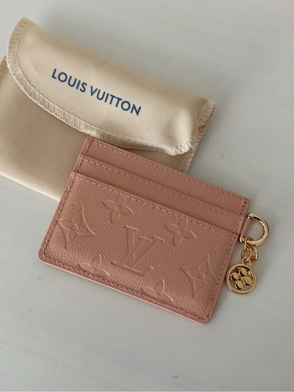 Louis Vuitton Pink Monogram Empreinte Card Holder with Gold Charms and Dust Bag